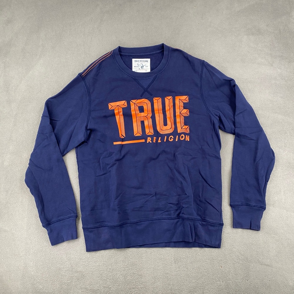 True Religion Mens Navy Blue Orange Graphic Logo Crewneck Sweatshirt Large